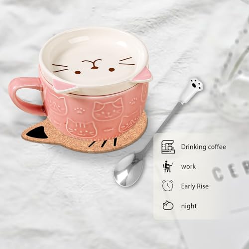 Gifts for Women Her Cute Kawaii Pink Cat Coffee Mugs with Lids,Christmas Birthday Presents for Girls Friend Kids Men Wife Mum Grandma Teacher,Novelty Animal Coffee Ceramic Tea Cup Dessert Saucer Set - Image 6