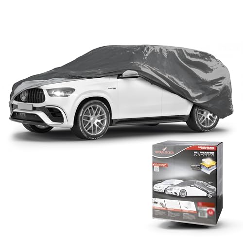WALSER Abdeckplane Auto All Weather, Abdeckplane wasserdicht, 100% wetterfeste Auto Abdeckplane, Autoabdeckung Outdoor wasserdicht, Autoplane Vollgarage Größe 10 SUV/Van grau