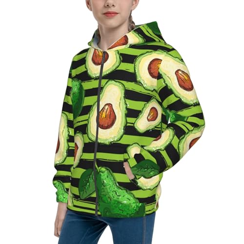 Avocado Green Striped Kid Hoodies Boys Zip Up Sweatshirts Girls Pullover with Pocket