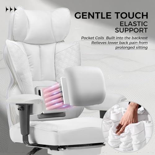 GTRACING Big and Tall Gaming Chair 400lbs Heavy Duty Office Chair with Foot Rest & Ergonomic Pocket Spring Lumbar Support, High Back 3D Saddle Shaped Cushion for Back Pain Relief, White