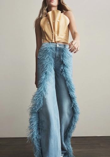 DINGANG Women's Casual High Waisted Straight Leg Jeans Feather-Trim Denim Baggy Stretchy Trousers Pants3