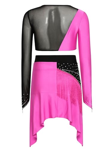 Robe de danse latine rose vif bicolore à manches longues et franges