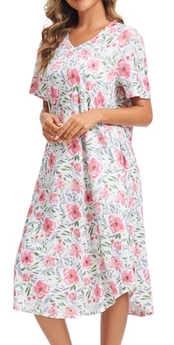 Image of Kabento Nightgowns for Women Cotton Short Sleeve Long Night Gowns with Pockets