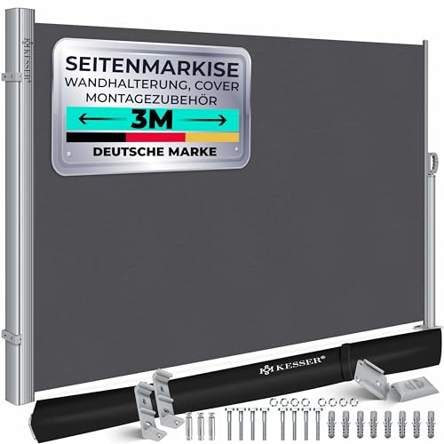 KESSER® Alu-Seitenmarkise Ausziehbar & Blickdicht 300 x 200 cm | Garten-Sichtschutz & Windschutz mit Aufrollautomatik für Balkon & Terrasse | Seitenrollo inkl. Regencover mit Wandhalterung Dunkelgrau