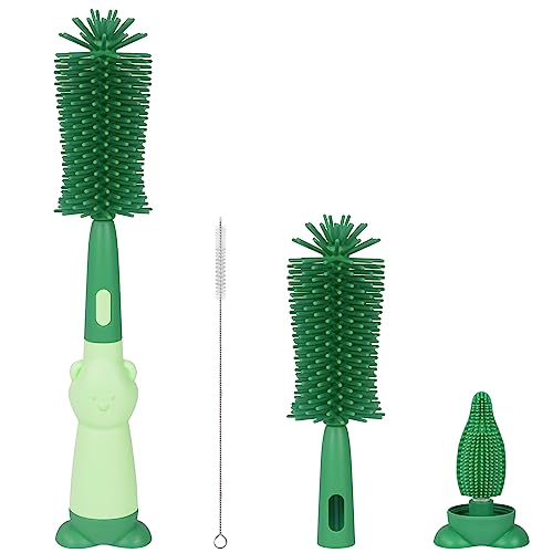 Vicloon Cepillo Para Biberones, 3 en 1 Kit Cepillo de Silicona para Botella, Cepillo de Pezón Limpieza de Botellas Para Bebés Kit para Botellas y Tetina, Sin BPA(Verde)