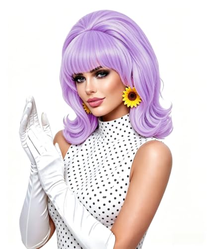 Rugelyss Short Wavy Light Purple Wig with Bang Big Bouffant Beehive Wigs for Women fits 80s Costume or Halloween Party