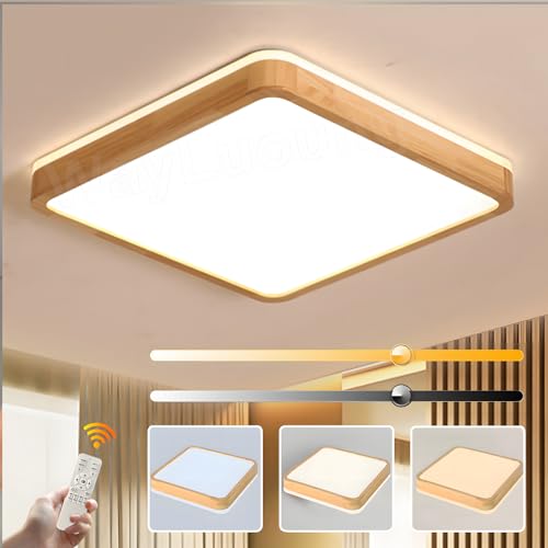 WayLuoung Plafoniera LED In Legno | Ø50cm 3000-6000K 36W | Lampada Quadrata In Legno Naturale Con Luce 360°, Camera Da Letto Soggiorno Camera Dei Bambini Cucina Pranzo (Dimmerabile Con Telecomando)