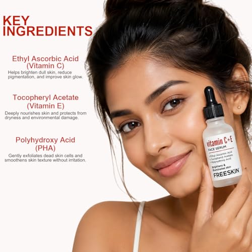 Image of Freeskin Vitamin C + E Face Serum with Ethyl Ascorbic Acid, Tocopheryl Acetate & Polyhydroxy Acid | Brightens & Illuminates Skin | Lightweight & Non-Sticky Formula | For All Skin Types | 30ml