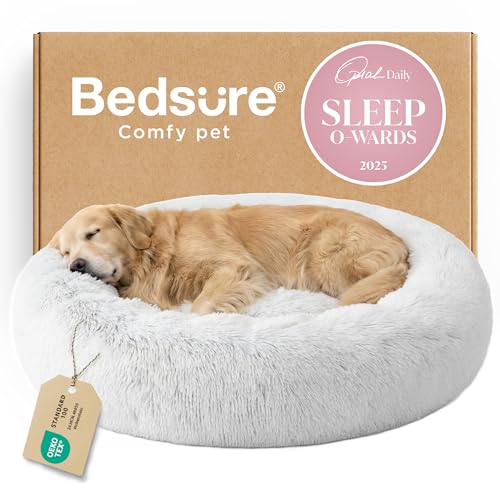 Image of Bedsure Calming Dog Bed for Extra Large Dogs - Donut Washable Large Pet Bed, 45 inches Anti-Slip Round Fluffy Plush Faux Fur Dog Bed, Fits up to 120 lbs Pets, Frost Grey
