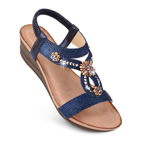 Wedge Sandals for Women Dressy, Woman's Sandal Comfortable Low Wedges Heels Ankle Elastic Strap Sandles with Flower Rhinestones