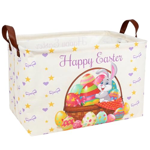 Image of Easter Basket for Kid Large Empty Baby Rectangular Cute Easter Gift Storage Basket Bunny Eggs Decor (Rabbit Purple Bow Tie)