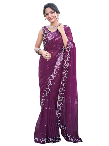 Image of Satrani Women's Georgette Sequence Work Saree with Unstitched Blouse Piece