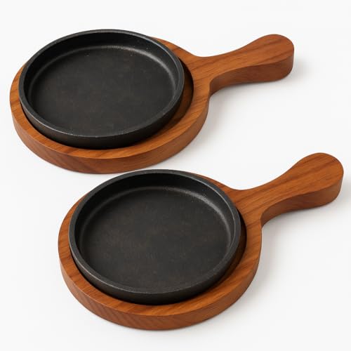 Image of REMARKABLE Iron Sizzler Plate with Wooden Base | Small Dessert Round Serving Platter with Handles | Brownie Sizzler Tray for Cake | Sizzling Brownie Plate |Hot Sizzling Plate | 5 inch Qtr. Size |Set of 2
