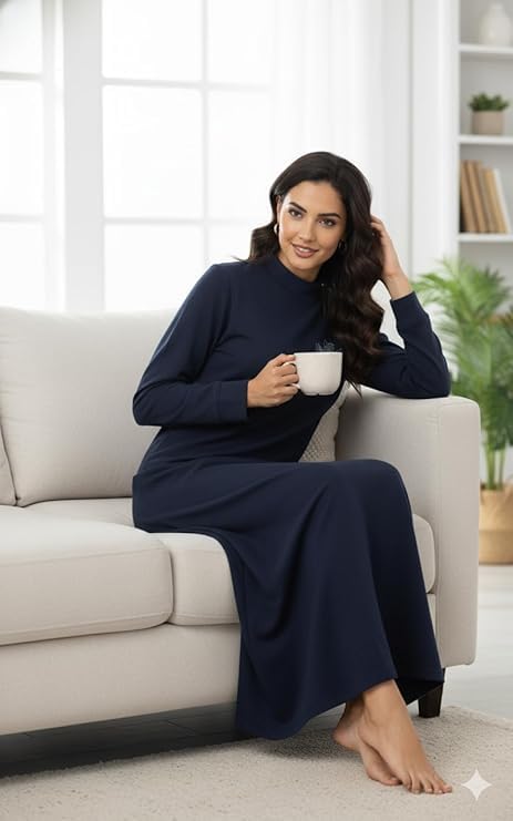 Image of Winter Wear Woolen Nighty Dress Blue Polar Nighty Women Gown Dress Maxi Full-Length Maxi Nighty Free Size Warm Winter