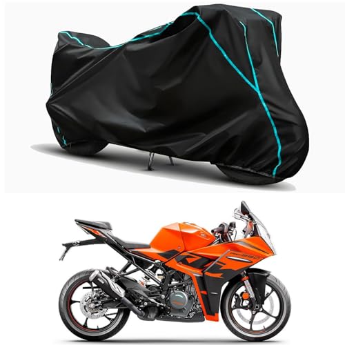 Image of Waterproof Bike Body Cover Compatible for | KTM 2022 RC 390 GP Edition | Taffeta Fabric, Sky Piping Design, Bottom Elastic Fit | Dustproof, Sun UV & Rain Protection for All Weather.