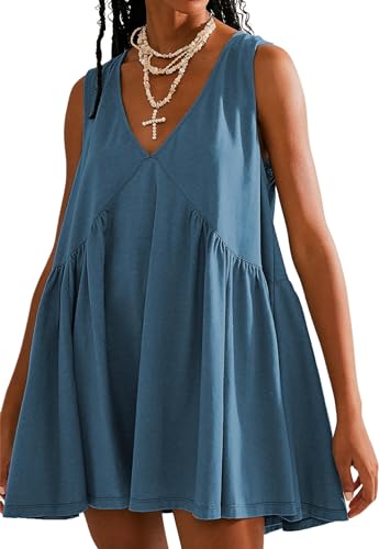 Image of Sleeveless Mini Dress for Women 2026 Summer Casual V Neck Sundress Loose Babydoll Dress with Pockets