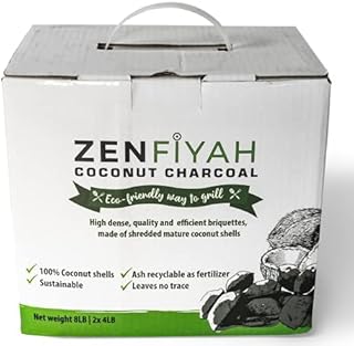 Zenfiyah Coconut Shell Charcoal Briquettes BBQ Grilling Up to 5 Hours Cooking Eco Friendly 8 lbs ( 2 Bags of 4 lbs)