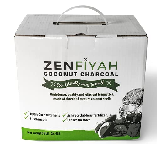 Zenfiyah Coconut Shell Charcoal Briquettes BBQ Grilling Up to 5 Hours Cooking Eco Friendly 8 lbs ( 2 Bags of 4 lbs)
