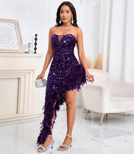 Image of dasmzper Women's Sexy Sequin Off The Shoulder V Neck Mesh See Through Dress Feather Hem Bodycon Evening Maxi Dress