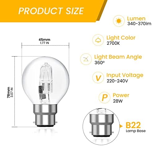 DoRight G45 / P45 B22 Halogen Goft Bulb, 28W LED Warm White 2700K Halogen Light Bulb, B22 Bayonet Cap Mini Globe Bulb - High Brightness 370lm - Dimmable (6 Pack)