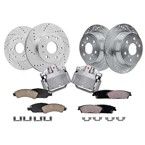 Image of Detroit Axle - Brake Kit for Chevy GMC Silverado Sierra Suburban 1500 Avalanche Tahoe Yukon Cadillac Escalade Front Rear Drilled & Slotted Brake Rotors Ceramic Brakes Pads Rear Brake Calipers