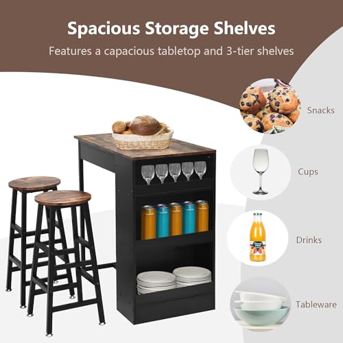 ROYAL POLAR Bar Table and Chairs Set Wooden Counter Height Table Set with 2 Bar Stools, Industrial Bar Table Set with 3 Tier Adjustable Storage Shelves