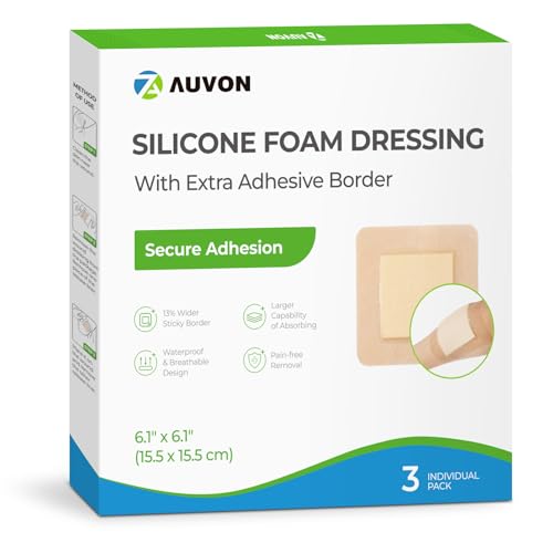 Image of AUVON Silicone Foam Dressing with Large Adhesive Border, 6 inch x 6 inch Waterproof Wound Care Pads with High Absorbency, Silicone Wound Bandage for Pressure Ulcer, 3 Packs, FSA /HSA Eligible