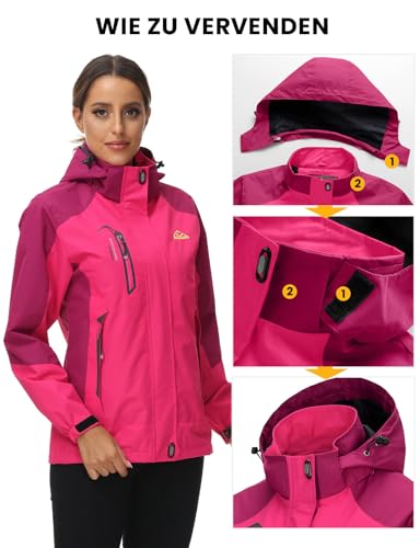 Foto von donhobo Jacken Damen Outdoorjacke Wasserdicht Windjacke Leicht Wanderjacke Atmungsaktiv Funktionsjacke Softshell Übergangsjacke mit Kapuze (Rose Rot, L)