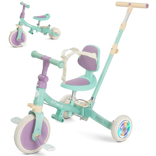 VITONIS Triciclo Infantil 5 en 1 para niños de 18 Meses a 5 años, con Ruedas Luminosas, Barra de Empuje, Respaldo y cinturón de Seguridad, Regalo para niños y niñas, Bicicleta sin Pedales, Verde