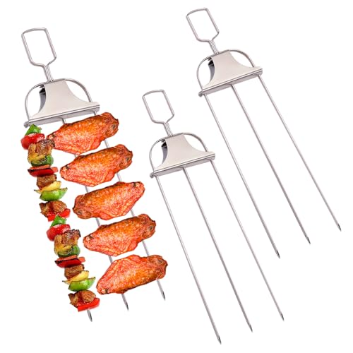 PEOUWNES Skewers for Kabobs, 3PCS 14 Inch 3-Prong Metal Skewers for Grilling, Stainless Steel Skewer, With Push Bar Reusable Metal Skewer, Kabob Sticks, Perfect For Chicken, Meat, Veggies, Sausages