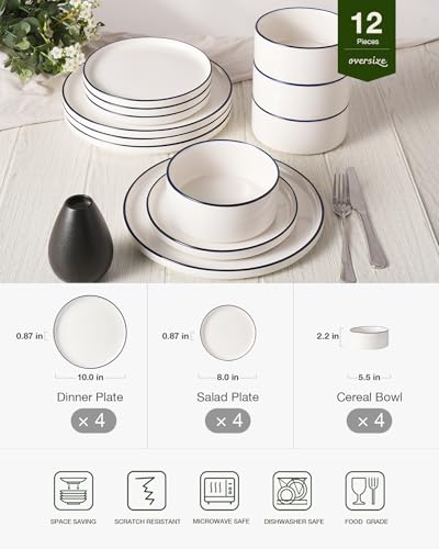 Image of Famiware Porcelain Dinnerware Set, 12-Piece Modern Plate and Bowl Set, Dish Set for 4, Microwave and Dishwasher Safe Tableware, White with Black Trim