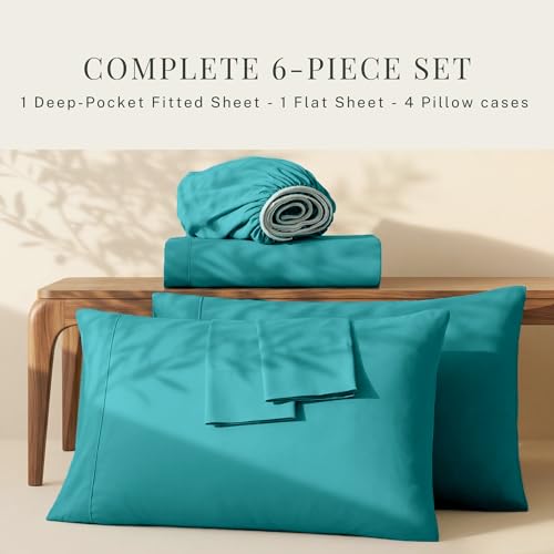 Image of Hearth & Harbor Extra Deep Pocket Sheets - Fits Mattress 18-24 Inches Deep - Extra Deep Pocket Twin XL Sheets Sets - 4 Piece Twin XL Size - Teal