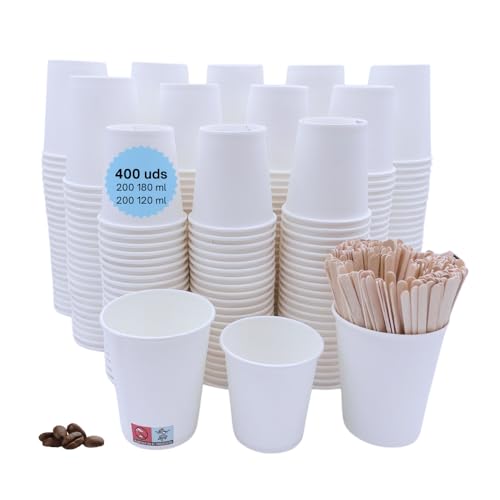 Kiwilima KL 400 Vasos Café Desechables | Vasos Desechables de Café para Bebidas Calientes y Frías | Vasos Cartón para Café | 200 vasos 180 ml, 200 vasos 120 ml, 400 Paletinas de Madera