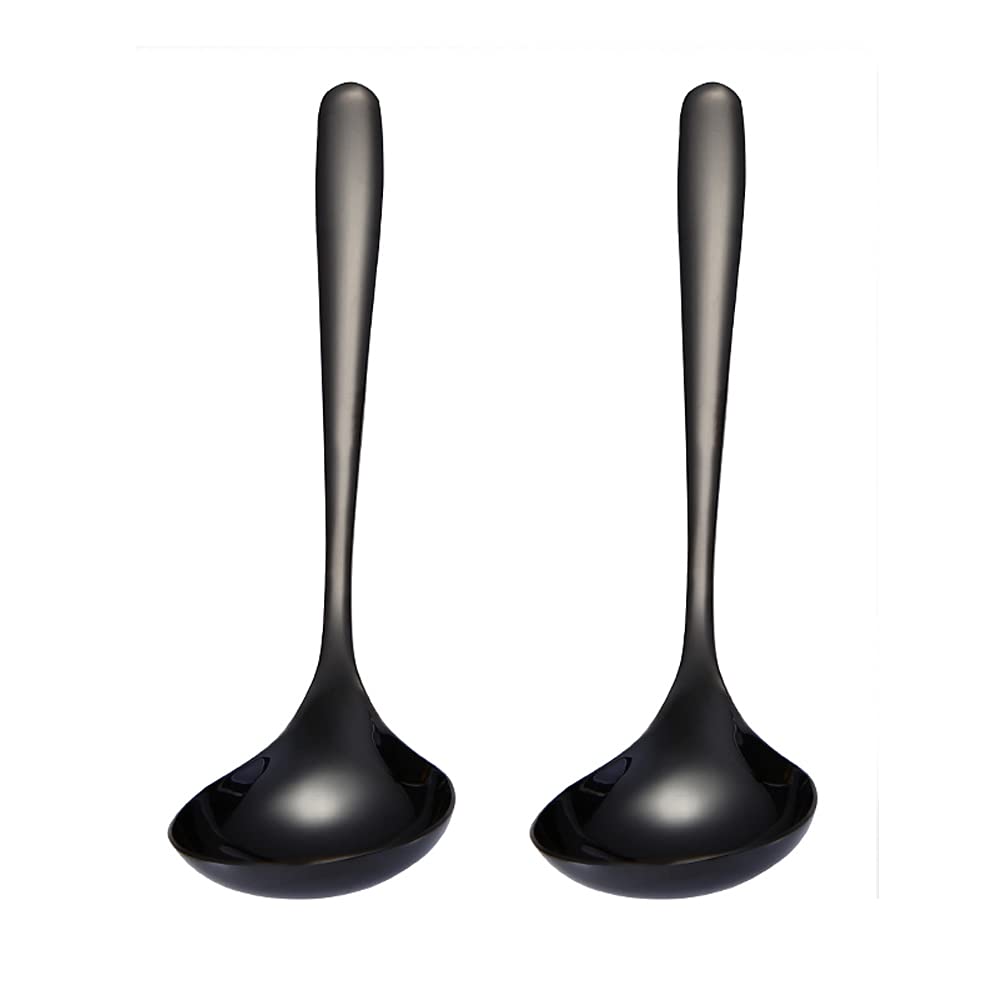 2-Piece Stainless Steel Gravy Soup Spoon Ladle Soup Small Ladle Heavy Duty Deep Soup Spoon Ramen Spoon (Black)