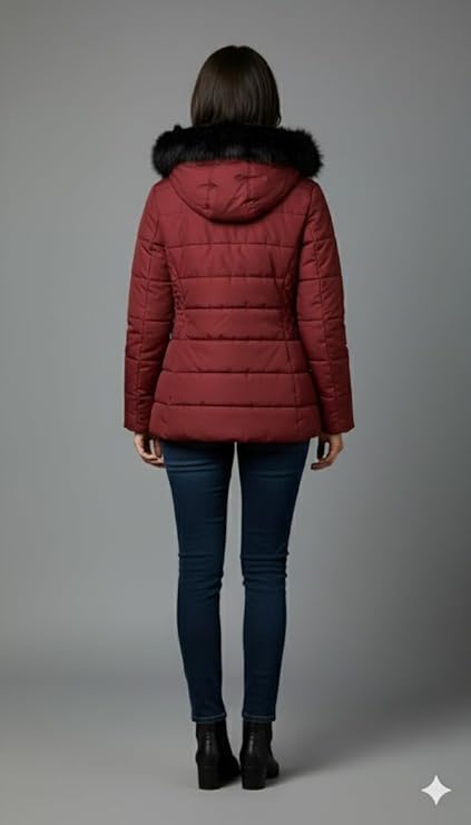 Image of Automan Women's Winter Puffer Jacket with Hood, Full Sleeve, Quilted, Zipper Closure for Cold Weather