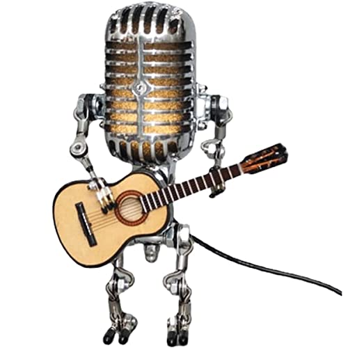 Vintage Microphone Robot Lampe de Bureau USB Robot Lampe de Bureau avec Guitare Lampe Créative Steampunk pour Chambre, Bar, Restaurant (Jaune) Cover