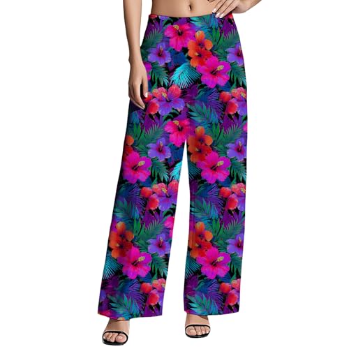 ZOCANIA Womens High Waist Pants Hawaii Print Flower Summer Vacation Casual Daily Baggy Elastic Waist Palazzo Trousers