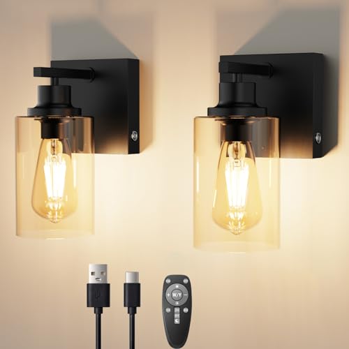 Image of Battery Operated Wall Sconce Set of 2, Farmhouse Rechargeable Wall Lights with Remote & Timer, 8000mAh, 3 Colors Touch Dimmable Wireless Wall Sconces for Living Room Bedroom Stairs Decor