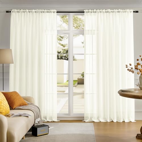 Image of Sheer Curtains Beige 95 Inches Long, Window Treatments Rod Pocket Drapes for Living Room, Bedroom, Semi Crinkle Extra Wide Curtains for Yard, Patio, Villa, Parlor, 108 inchW x 95 inchL, 2 Panels