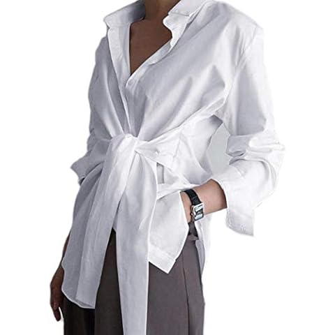 KUFV Women's Long Sleeve Button Down Shirts Tie Waist Casual Loose Blouses Tops White Cover