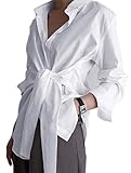 KUFV Women's Long Sleeve Button Down Shirts Tie Waist Casual Loose Blouses Tops White