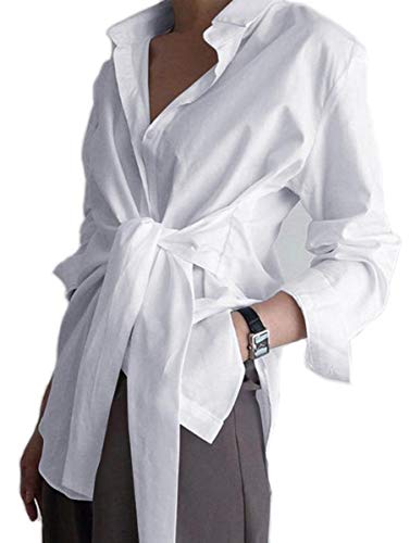 KUFV Women's Long Sleeve Button Down Shirts Tie Waist Casual Loose Blouses Tops