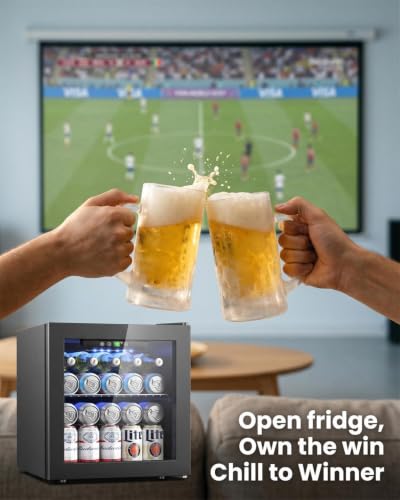 Image of Feelfunn 50 Can Beverage Refrigerator Cooler - 1.3 Cu.Ft Mini Fridge with Glass Door, Soda Beer Drink Wine Fridge, Countertop Small Refrigerator for Bedroom Office Home Dorm Bar, Black