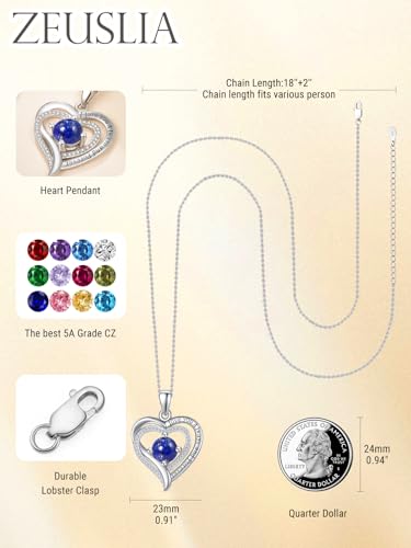 Heart Necklaces for Women, White Gold/Rose Gold Jewelry with Birthstone Pendant, Anniversary Birthday Gifts for Her Wife Girlfriend Mom, 18+2 Inch Chain3