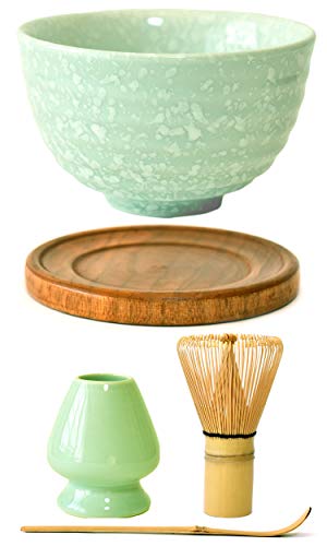 Premium Japanese Ceremonial Matcha Green Tea Chawan Bowl Full Kit Matcha Whisk Set with Accessories and Tools Bamboo Chasen Matcha Whisk Scoop and Holder (Mint Snow)