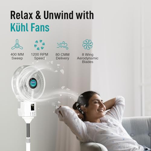Image of KUHL Exzel H1 Next Gen Desert Cooler BLDC Pedestal with Mist & Humidifier|8Blades |4Speed| Remote & Touch Panel with Display| Height Adjustement| Low Noise|8 Hr Water Tank|400mm |Free installation