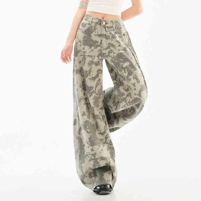 Women's Retro Camouflage Style Wide Leg Pants, Street Trend Straight Leg Pants high Waisted Jeans for Women2