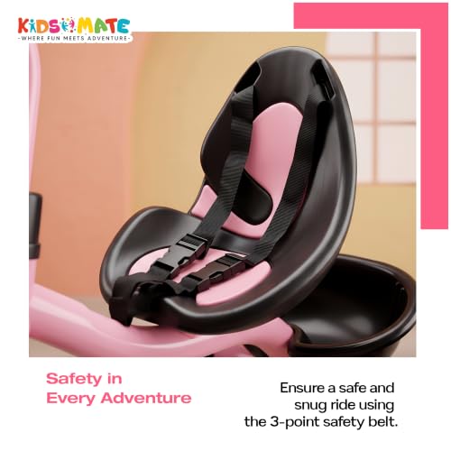 Image of Kidsmate Zoom Trike Cycle for Kids 2-5 Years | Tricycle for Kids | Tricycle for Boys & Girls | Baby Cycle with Anti-Skid EVA Wheels, Bell, Front & Rear Basket, Comfortable Seat | 30kg Capacity - Pink