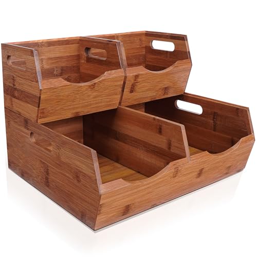 [Upgraded] 2-tier Stackable Bamboo Pantry Storage Bins, Potato and Onion