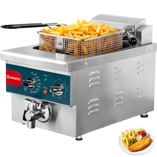 JOHAKYU 13Lbs/6L Electric Commercial Deep Fryer with Basket, Timer & Drain - Swung Up Fryer Head, 120V 1800W Stainless Steel Countertop for Home & Restaurant Use